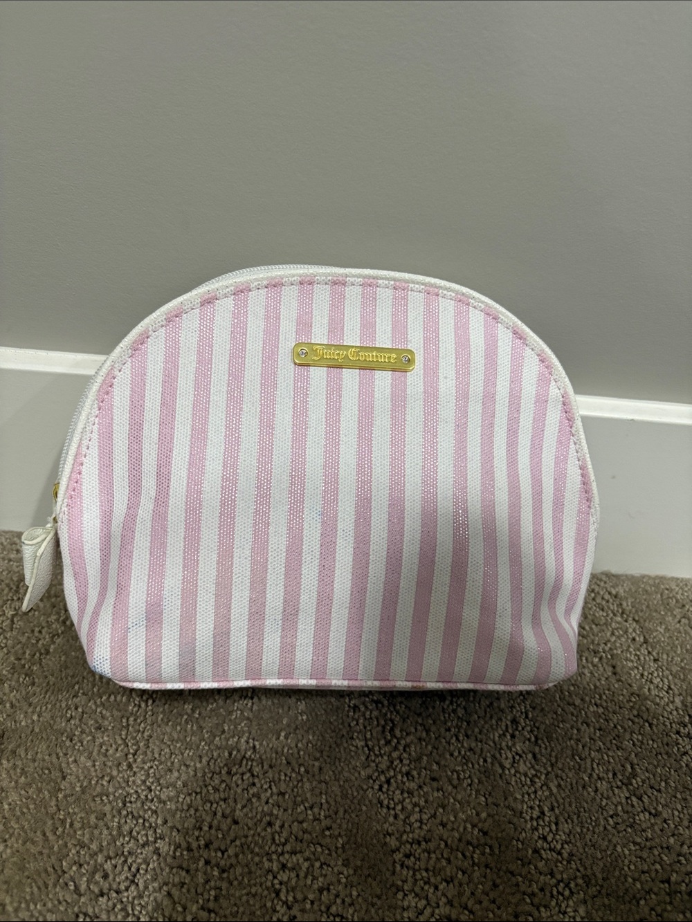 Juicy Couture Pink & White Striped Makeup Pouch with Gold Logo